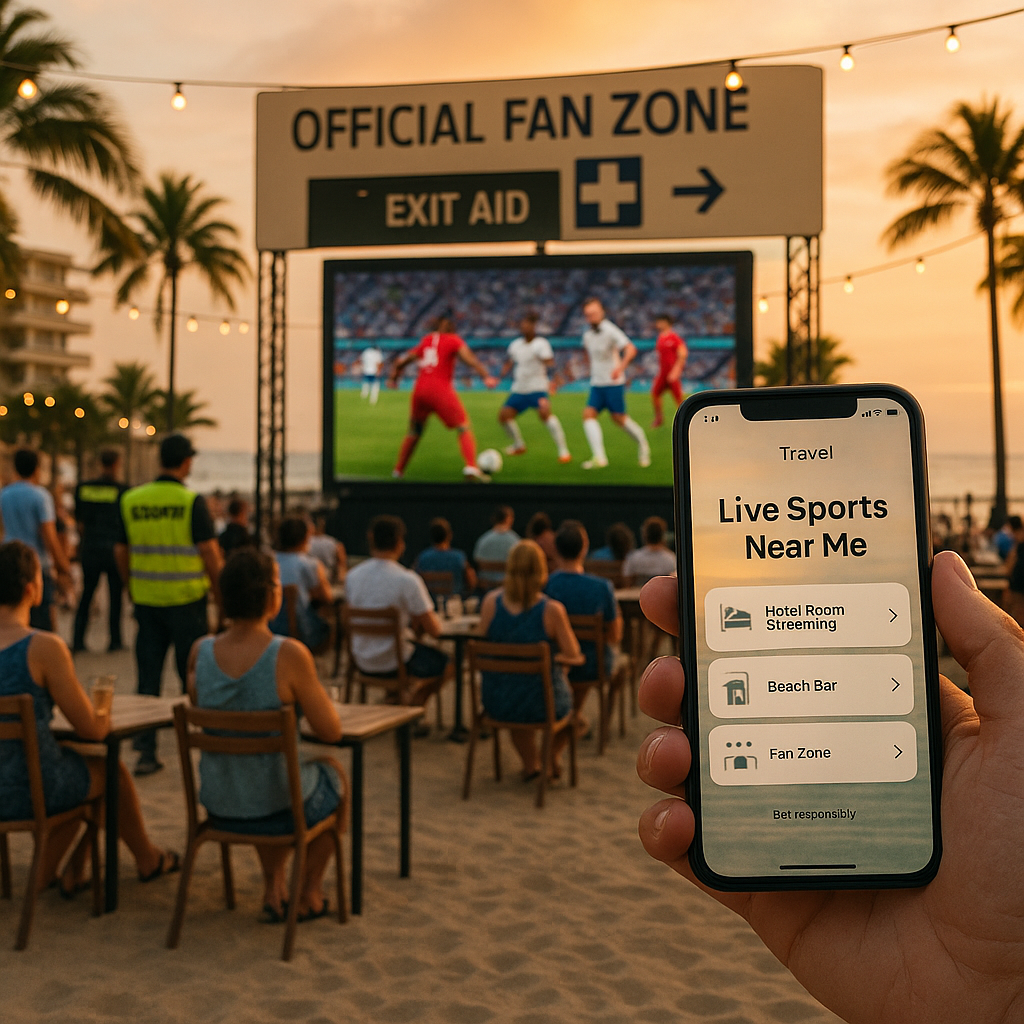 Sicheres Public Viewing am Strand bei Sonnenuntergang: große Leinwand mit generischem Fußballspiel, entspannte erwachsen